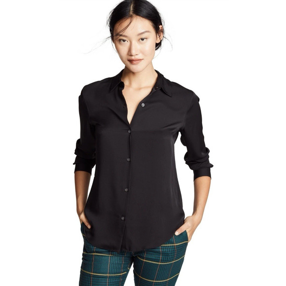 Theory Women Small Blouse Tenia Classic 100% Silk Button Front Long Sleeve Black - Picture 1 of 10